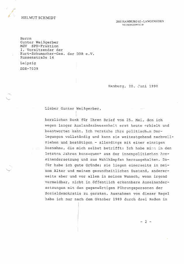 Helmut Schmidt an Gunter Weißgerber /1